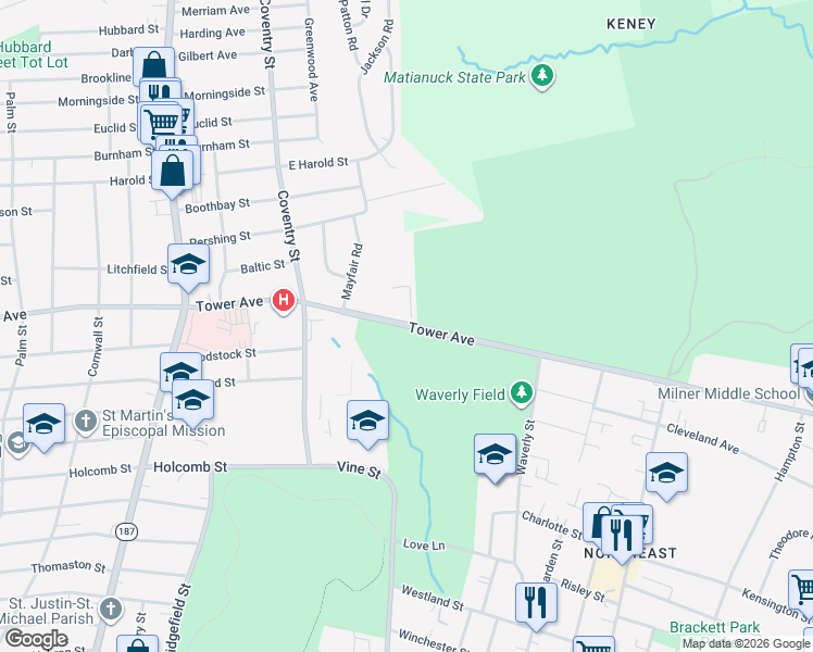 map of restaurants, bars, coffee shops, grocery stores, and more near Tower Avenue in Hartford