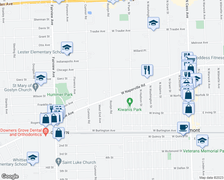 map of restaurants, bars, coffee shops, grocery stores, and more near 4804 Roslyn Road in Downers Grove
