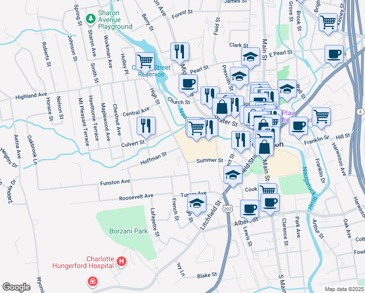 map of restaurants, bars, coffee shops, grocery stores, and more near 211 High Street in Torrington