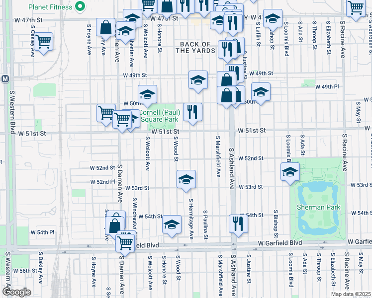 map of restaurants, bars, coffee shops, grocery stores, and more near 5126 South Hermitage Avenue in Chicago