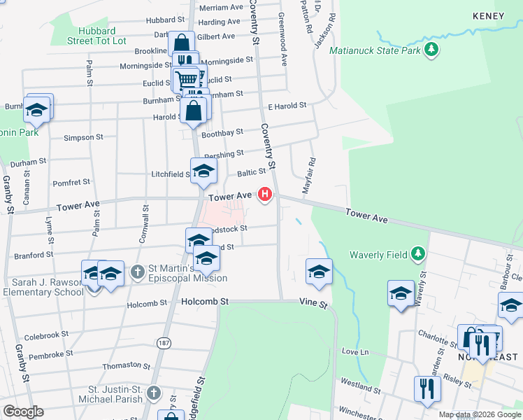map of restaurants, bars, coffee shops, grocery stores, and more near 615 Tower Avenue in Hartford