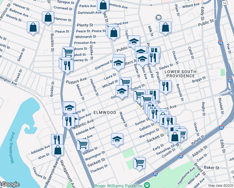 map of restaurants, bars, coffee shops, grocery stores, and more near 37 Ontario Street in Providence