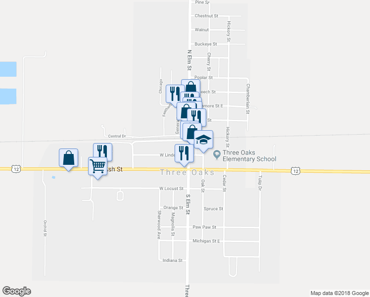 map of restaurants, bars, coffee shops, grocery stores, and more near 14 South Elm Street in Three Oaks