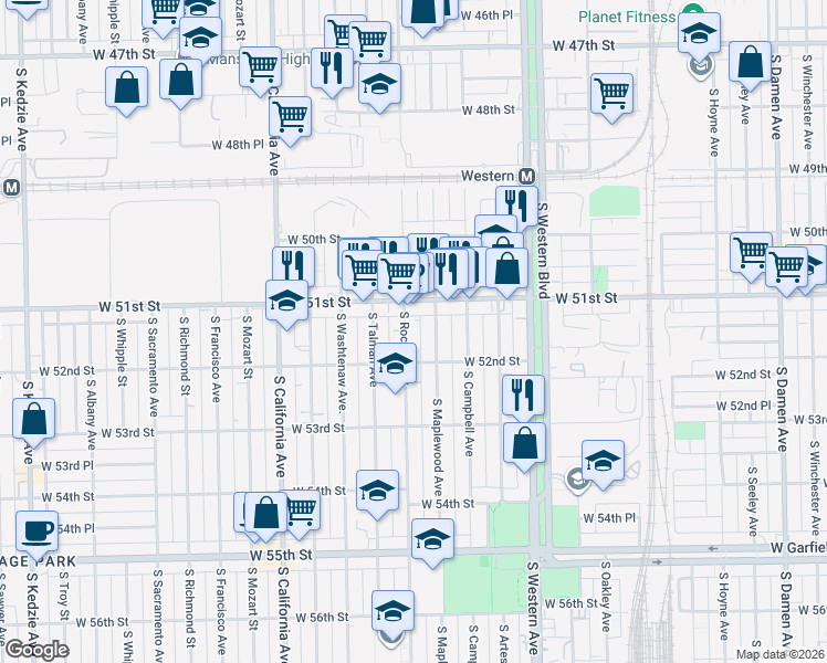 map of restaurants, bars, coffee shops, grocery stores, and more near 2547 West 51st Street in Chicago