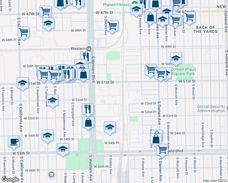 map of restaurants, bars, coffee shops, grocery stores, and more near 2242 West 51st Place in Chicago