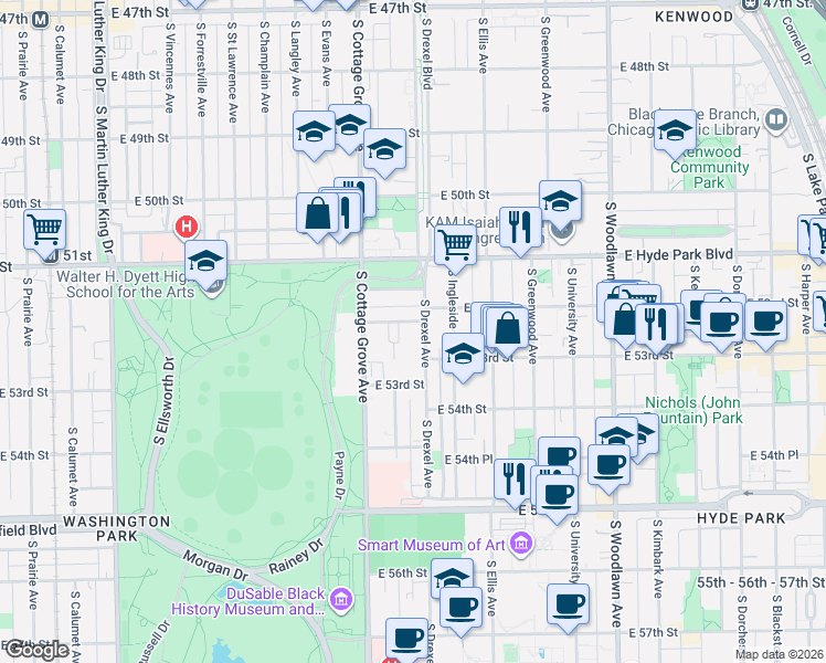 map of restaurants, bars, coffee shops, grocery stores, and more near 5206 South Drexel Avenue in Chicago