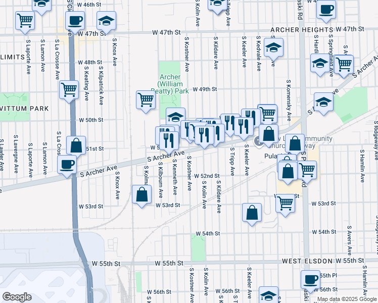 map of restaurants, bars, coffee shops, grocery stores, and more near South Archer Avenue & South Kostner Avenue in Chicago