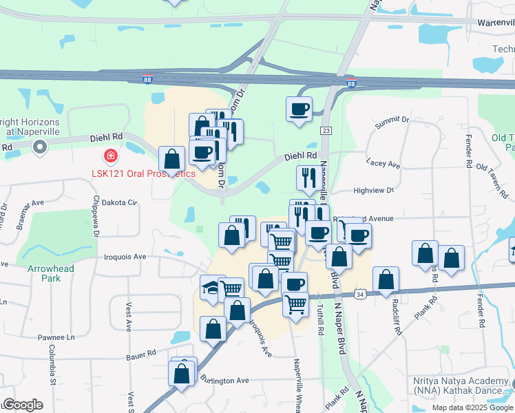 map of restaurants, bars, coffee shops, grocery stores, and more near 1230 East Diehl Road in Naperville