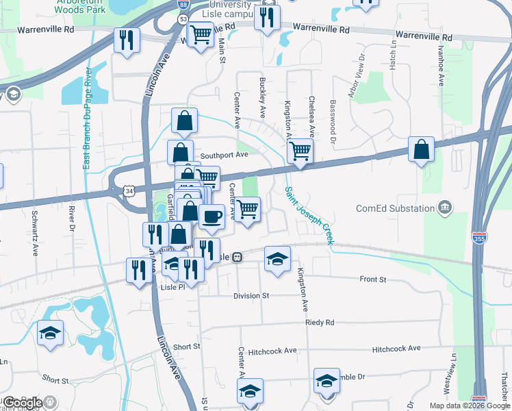 map of restaurants, bars, coffee shops, grocery stores, and more near 916 School Street in Lisle