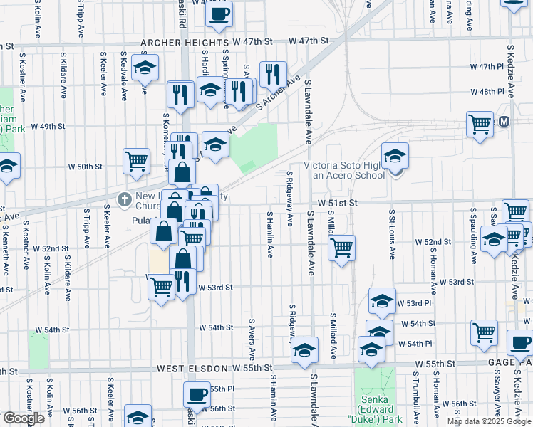 map of restaurants, bars, coffee shops, grocery stores, and more near 3801 West 51st Street in Chicago