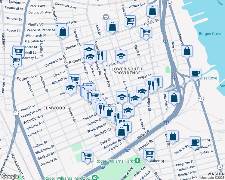 map of restaurants, bars, coffee shops, grocery stores, and more near 17 Mystic Street in Providence