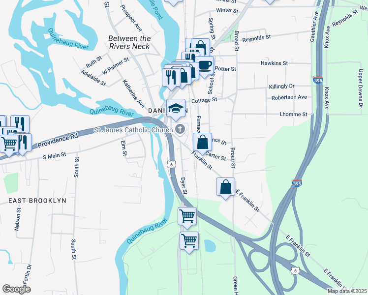map of restaurants, bars, coffee shops, grocery stores, and more near 8 Dyer Street in Killingly