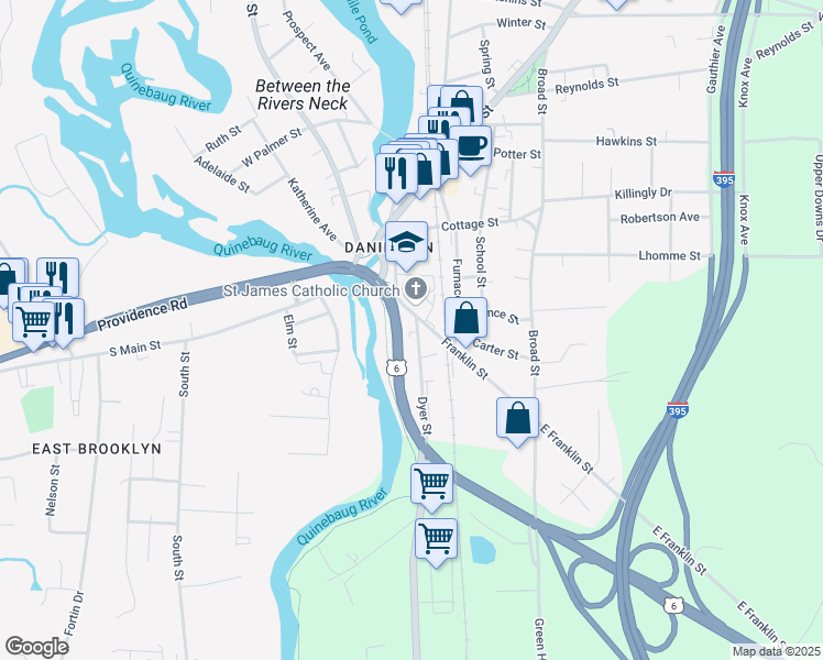 map of restaurants, bars, coffee shops, grocery stores, and more near 8 Dyer Street in Killingly