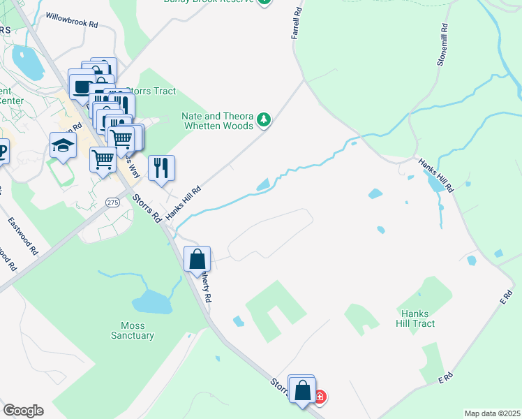 map of restaurants, bars, coffee shops, grocery stores, and more near 39 Storrs Heights Road in Mansfield