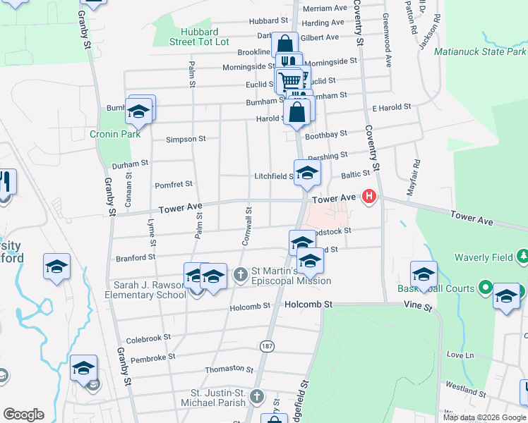 map of restaurants, bars, coffee shops, grocery stores, and more near 757 Tower Avenue in Hartford