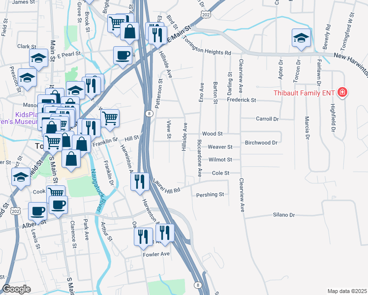 map of restaurants, bars, coffee shops, grocery stores, and more near 312 Hillside Avenue in Torrington