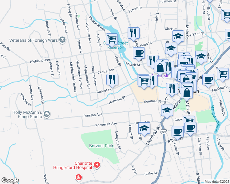 map of restaurants, bars, coffee shops, grocery stores, and more near 61 Culvert Street in Torrington