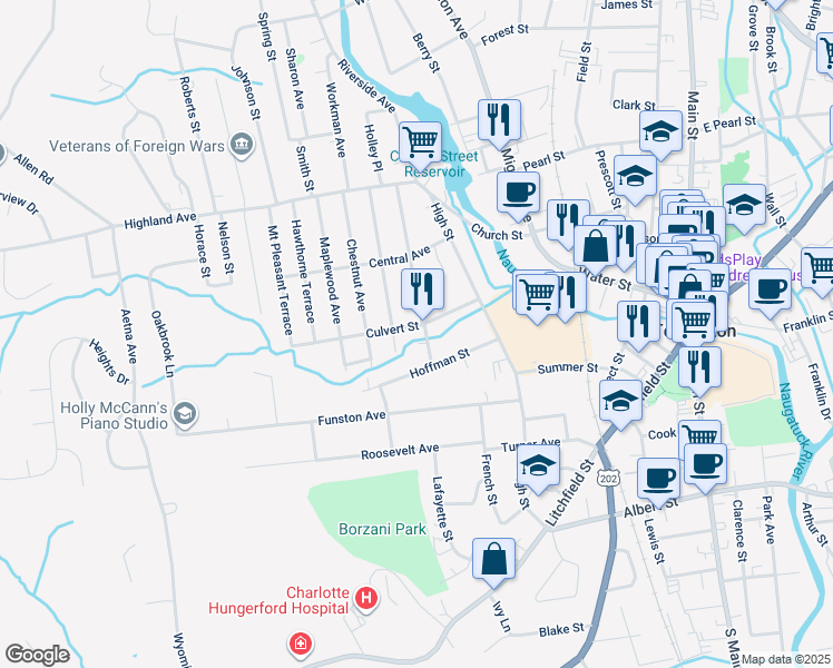 map of restaurants, bars, coffee shops, grocery stores, and more near 116 Culvert Street in Torrington