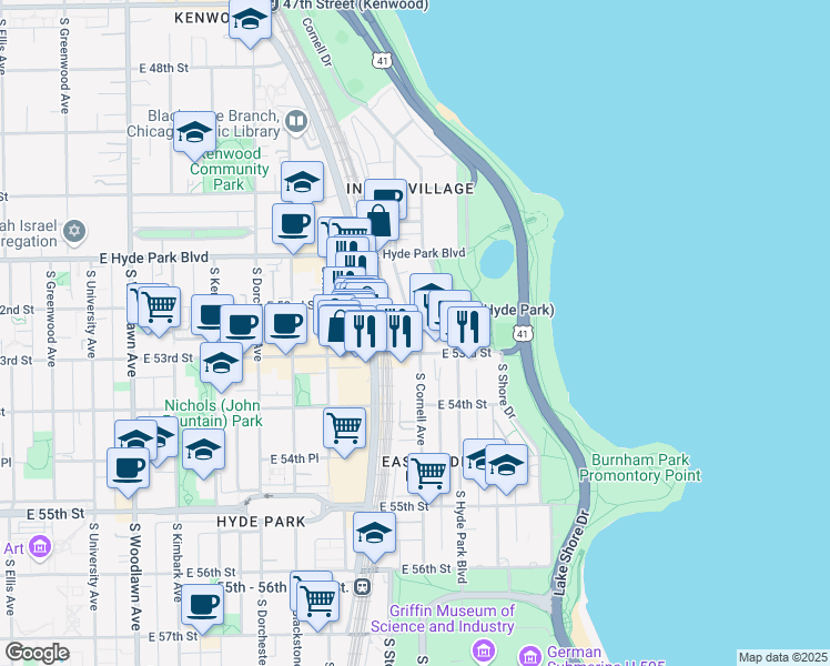 map of restaurants, bars, coffee shops, grocery stores, and more near 5231 South Hyde Park Boulevard in Chicago