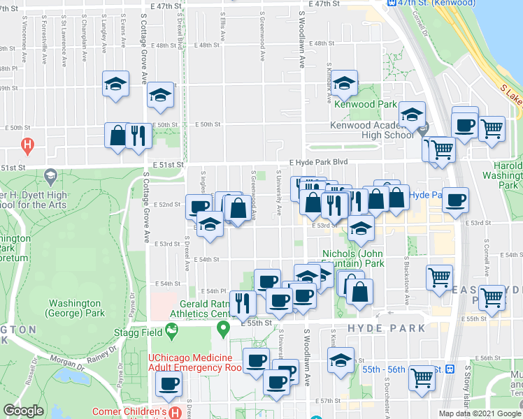 map of restaurants, bars, coffee shops, grocery stores, and more near 5208 South Greenwood Avenue in Chicago
