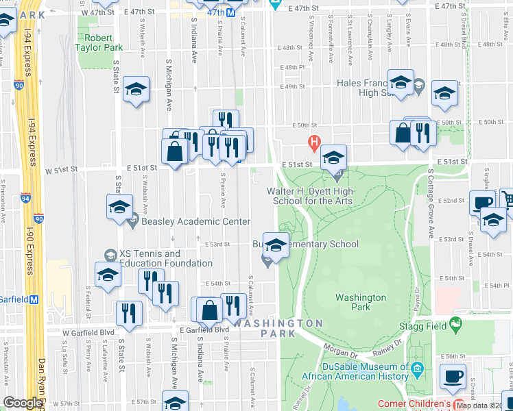 map of restaurants, bars, coffee shops, grocery stores, and more near 5150 South Calumet Avenue in Chicago