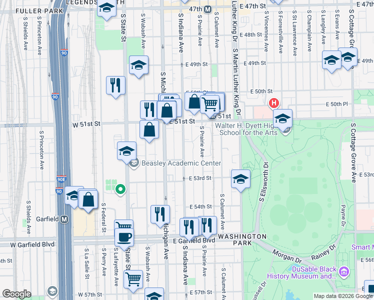 map of restaurants, bars, coffee shops, grocery stores, and more near 5148 South Indiana Avenue in Chicago
