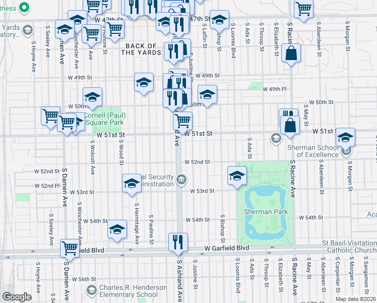 map of restaurants, bars, coffee shops, grocery stores, and more near 5127 South Ashland Avenue in Chicago