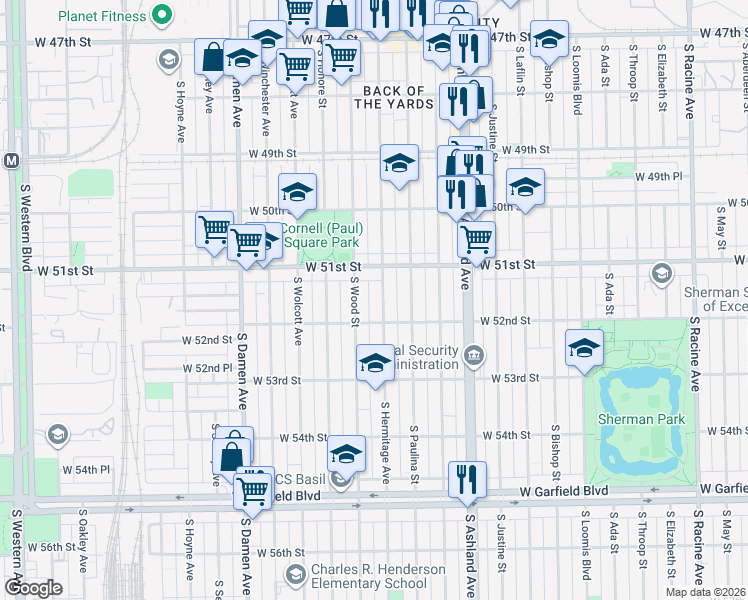 map of restaurants, bars, coffee shops, grocery stores, and more near 5126 South Hermitage Avenue in Chicago