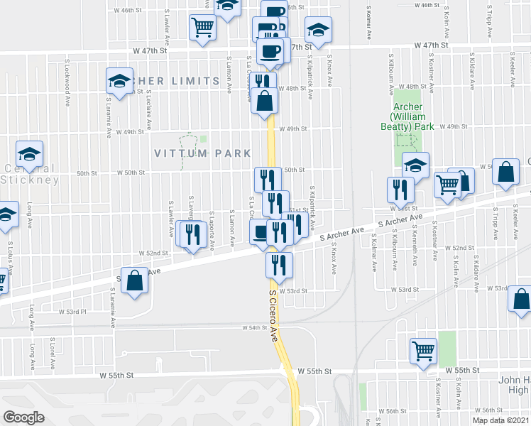 map of restaurants, bars, coffee shops, grocery stores, and more near 5065 South La Crosse Avenue in Chicago