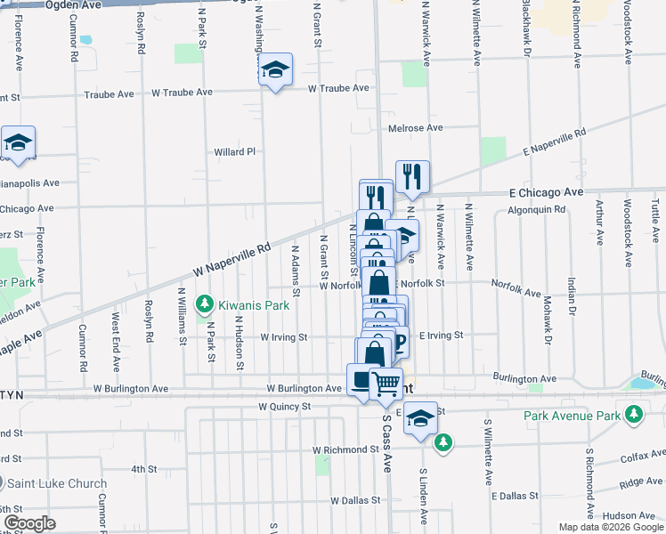 map of restaurants, bars, coffee shops, grocery stores, and more near 221 North Grant Street in Westmont
