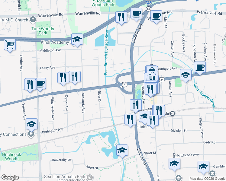 map of restaurants, bars, coffee shops, grocery stores, and more near 4700 Dumoulin Avenue in Lisle