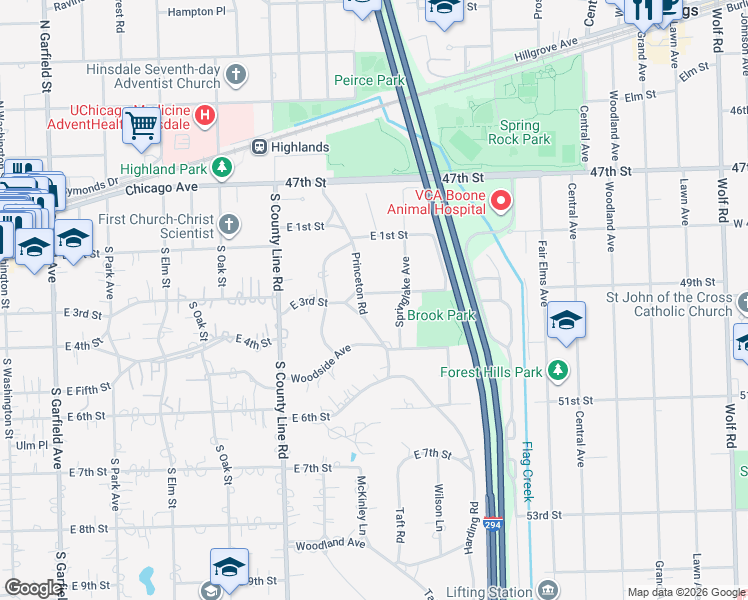 map of restaurants, bars, coffee shops, grocery stores, and more near 702 East 3rd Street in Hinsdale
