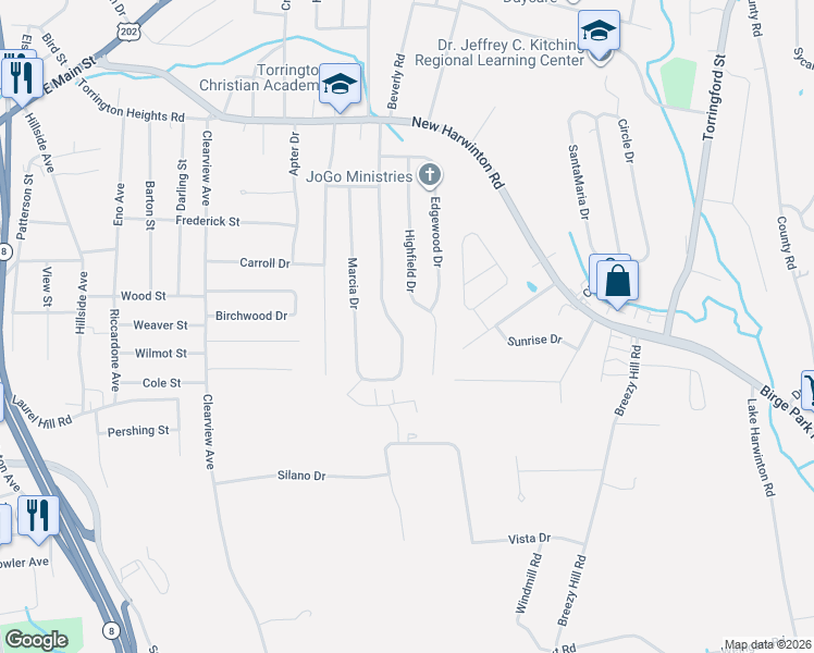 map of restaurants, bars, coffee shops, grocery stores, and more near 216 Highfield Drive in Torrington