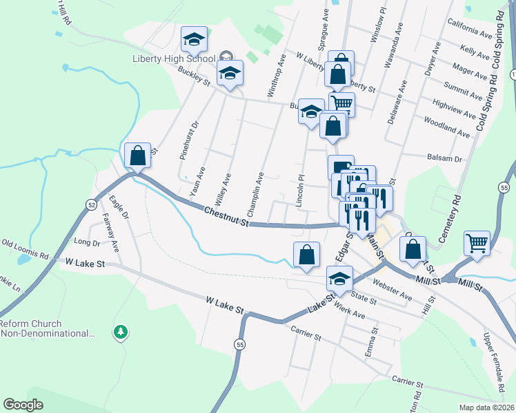 map of restaurants, bars, coffee shops, grocery stores, and more near 30 Champlin Avenue in Liberty
