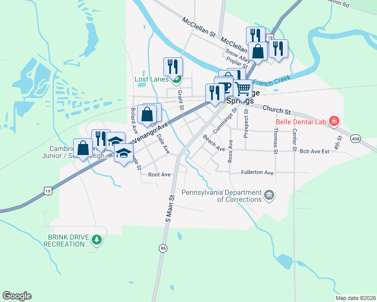 map of restaurants, bars, coffee shops, grocery stores, and more near 428 South Main Street in Cambridge Springs