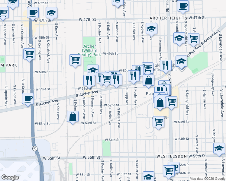 map of restaurants, bars, coffee shops, grocery stores, and more near 4334 West 51st Street in Chicago