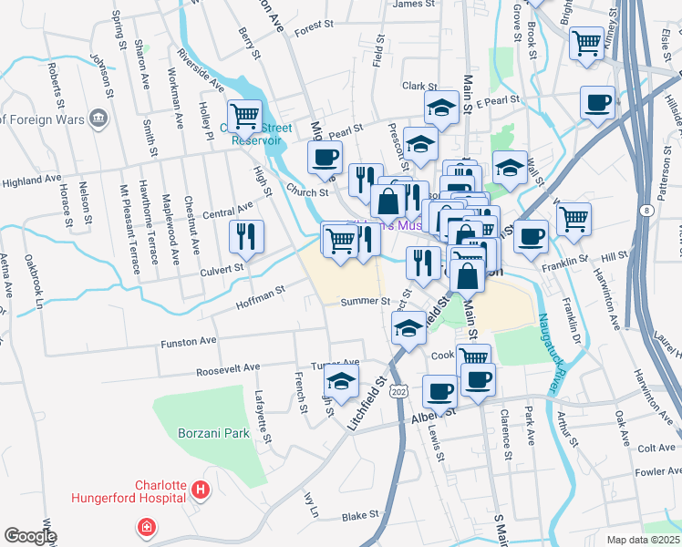 map of restaurants, bars, coffee shops, grocery stores, and more near 211 High Street in Torrington