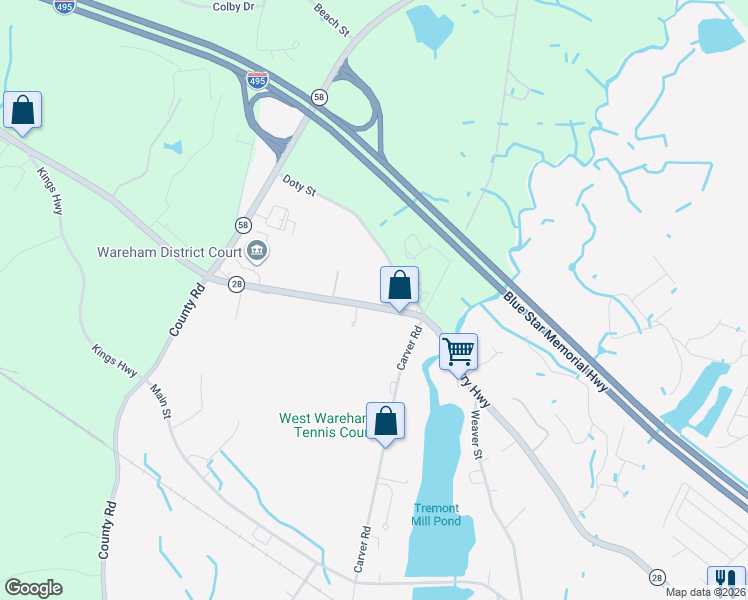 map of restaurants, bars, coffee shops, grocery stores, and more near 2228 Cranberry Highway in Wareham