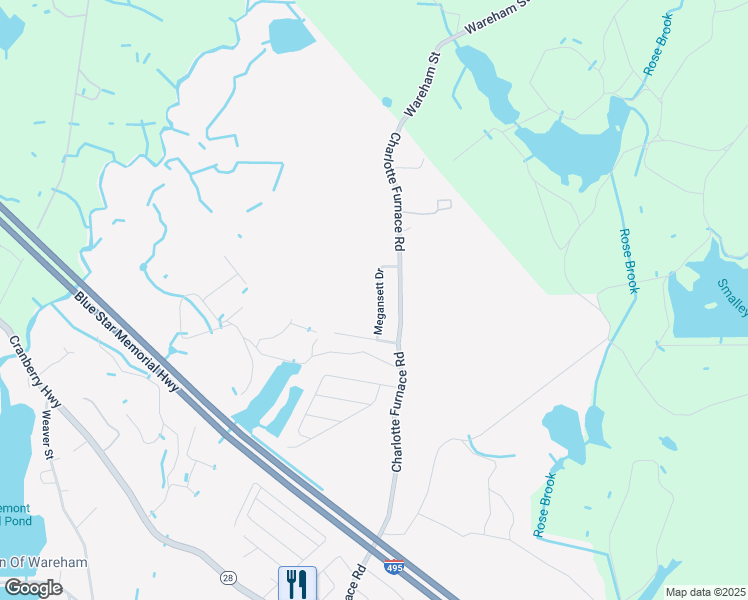 map of restaurants, bars, coffee shops, grocery stores, and more near 12 Megansett Drive in Wareham