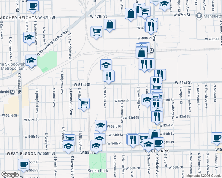 map of restaurants, bars, coffee shops, grocery stores, and more near 3421 West 51st Street in Chicago