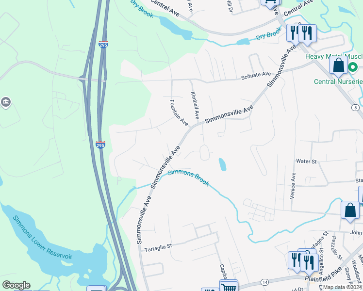 map of restaurants, bars, coffee shops, grocery stores, and more near 219 Simmonsville Avenue in Johnston
