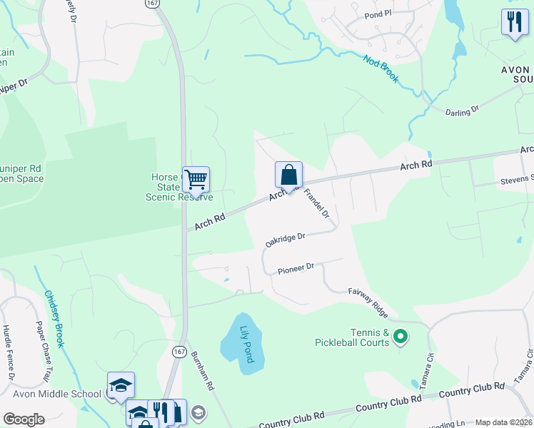 map of restaurants, bars, coffee shops, grocery stores, and more near 257 Arch Road in Avon