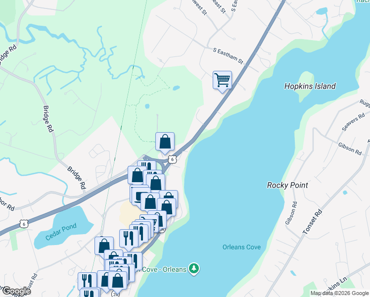 map of restaurants, bars, coffee shops, grocery stores, and more near 150 U.S. 6 in Eastham