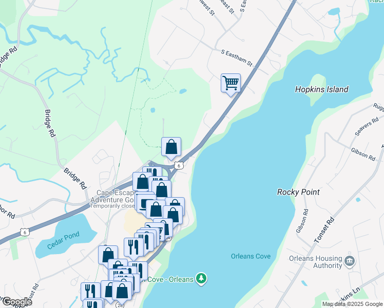 map of restaurants, bars, coffee shops, grocery stores, and more near 150 U.S. 6 in Eastham