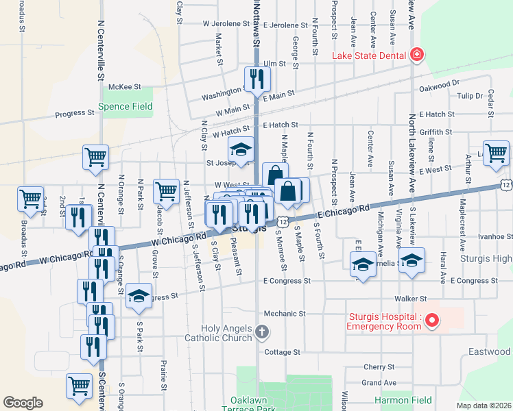 map of restaurants, bars, coffee shops, grocery stores, and more near 122 North Nottawa Street in Sturgis