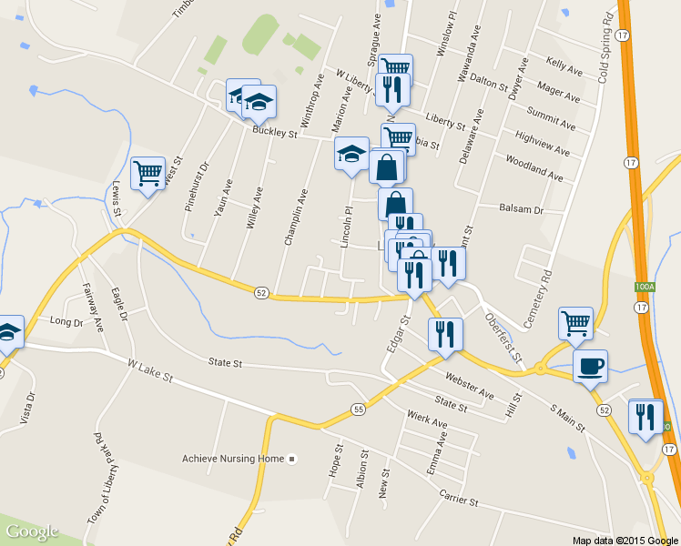 map of restaurants, bars, coffee shops, grocery stores, and more near Lincoln Place & Wheeler Place in Liberty