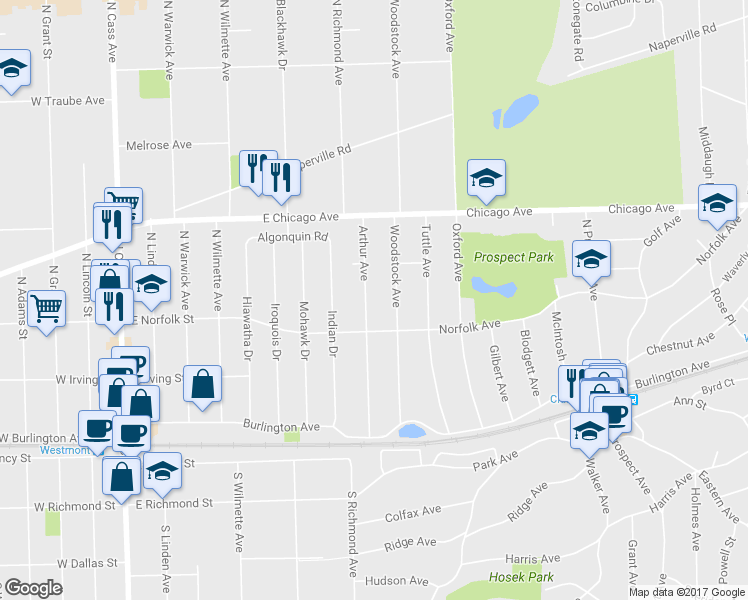 map of restaurants, bars, coffee shops, grocery stores, and more near 111 Arthur Avenue in Clarendon Hills