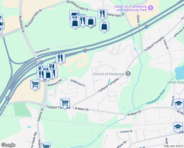 map of restaurants, bars, coffee shops, grocery stores, and more near 603 Trails End Road in Manchester