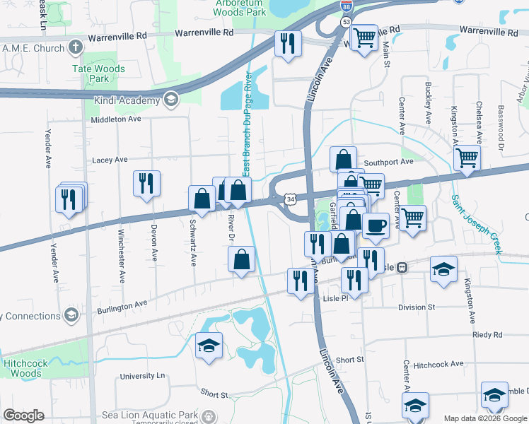 map of restaurants, bars, coffee shops, grocery stores, and more near 4700 Dumoulin Avenue in Lisle