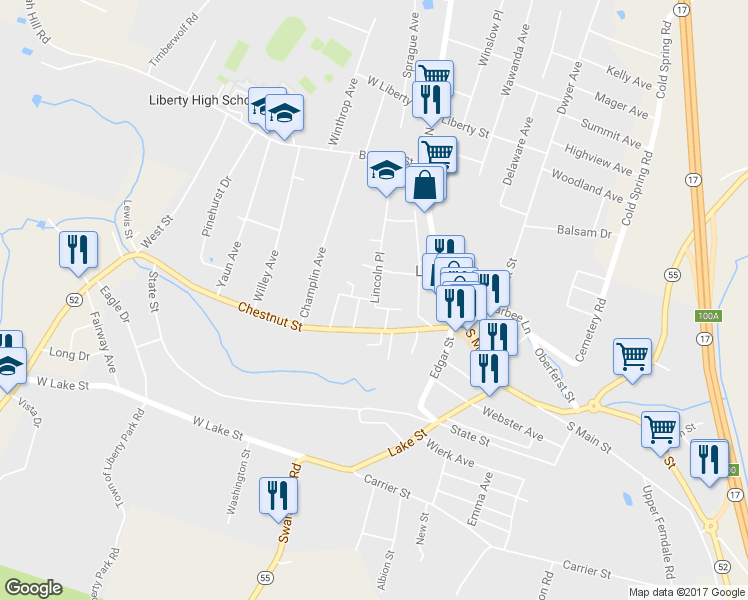 map of restaurants, bars, coffee shops, grocery stores, and more near 30 Lincoln Place in Liberty